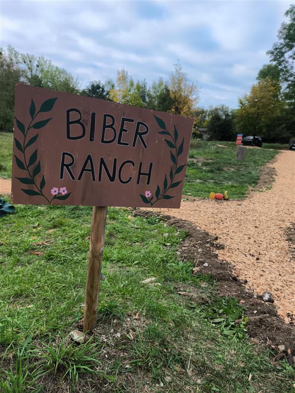 Bunter Wegweiser zu Gemüsebeet, Tipi, Kaninchen und Kompost